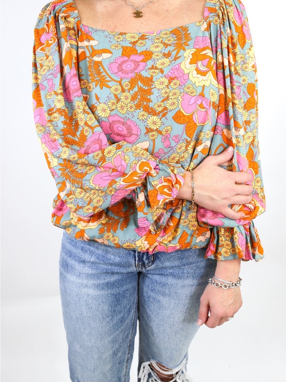 easel Floral Print Top in Pastel Blue and Peach